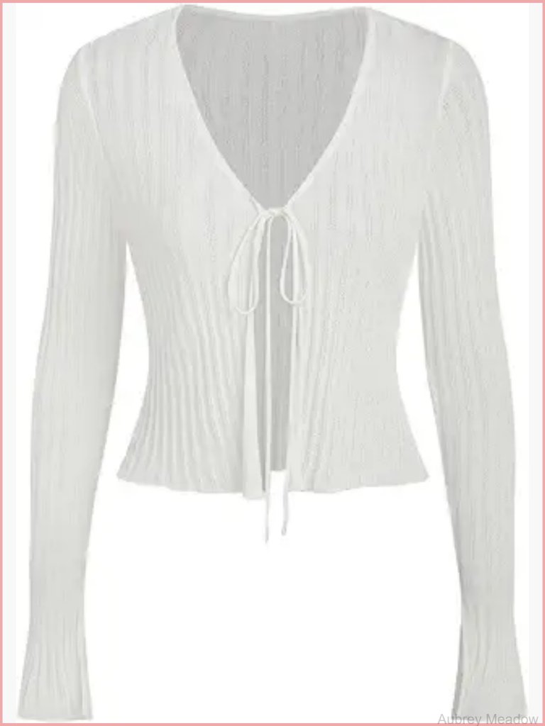 Tie Front V Neck Long Sleeve Knit Cardigan Shrug Lightweight Casual